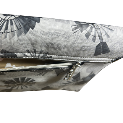 VIVACE CLUTCH BAG: WHITE FAUX Leather SLING BAG with GREY WINDMILL Print BACK POCKET OPEN
