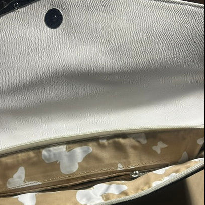 VIVACE CLUTCH BAG: WHITE FAUX Leather SLING BAG with GREY WINDMILL Print INSIDE