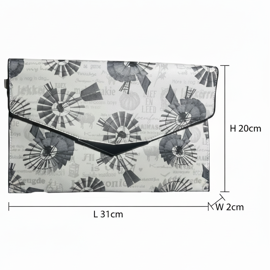 VIVACE CLUTCH BAG: WHITE FAUX Leather SLING BAG with GREY WINDMILL Print SIZE