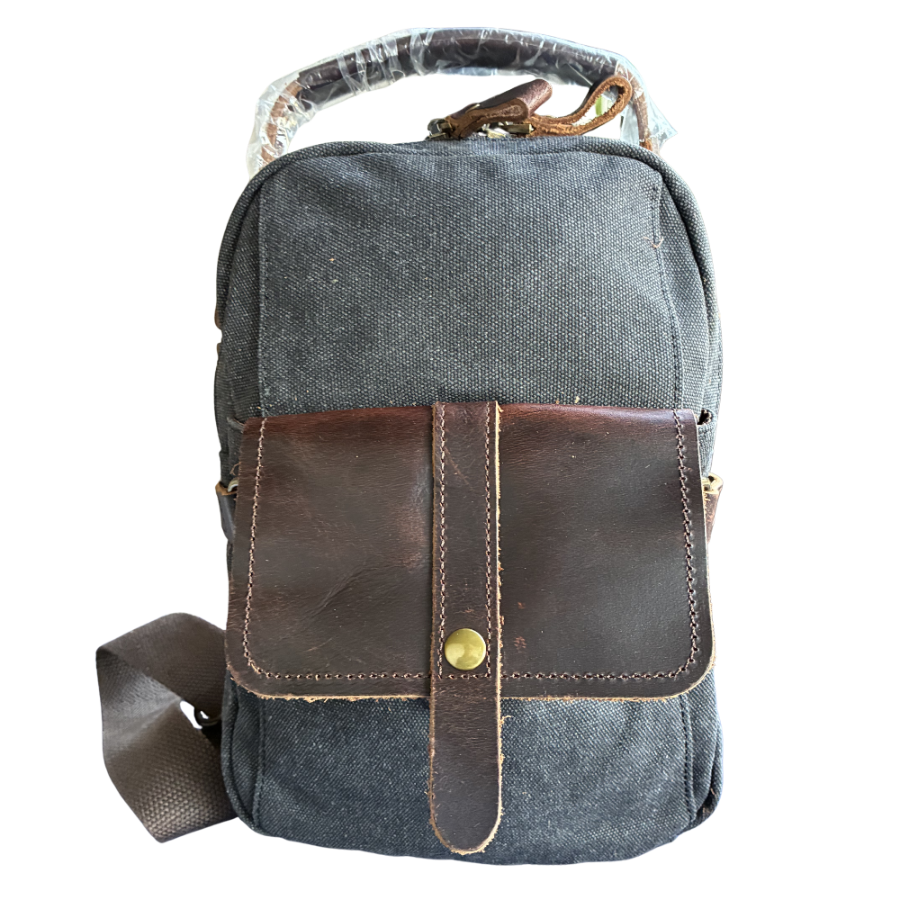 VIVACE CROSS BODY BAG: VINTAGE CHARCOAL BLACK Canvas with Detailed Leather Trim 