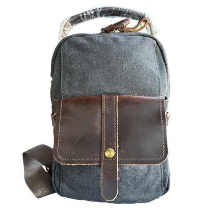 VIVACE CROSS BODY BAG: VINTAGE CHARCOAL BLACK Canvas with Detailed Leather Trim 