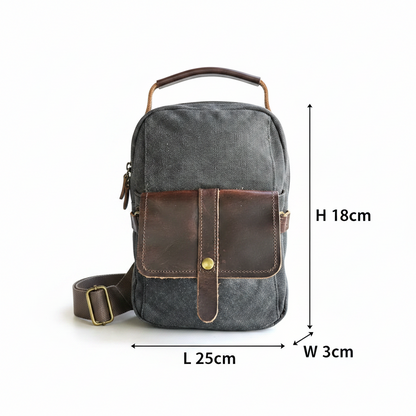 Vivace Cross Body Bag: Vintage CHARCOAL BLACK Canvas with Genuine Leather Trim