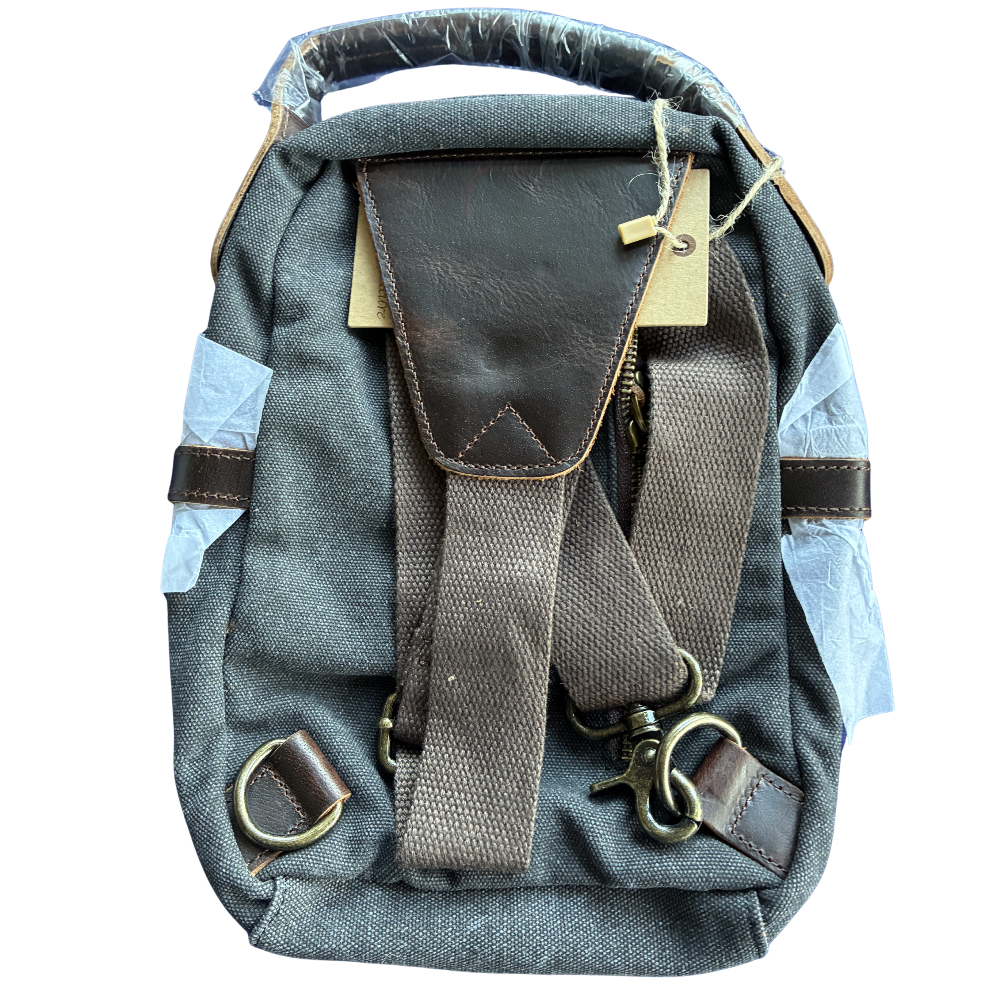 VIVACE CROSS BODY BAG: VINTAGE CHARCOAL BLACK Canvas with Detailed Leather Trim BACK