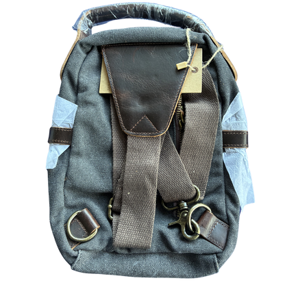 VIVACE CROSS BODY BAG: VINTAGE CHARCOAL BLACK Canvas with Detailed Leather Trim BACK
