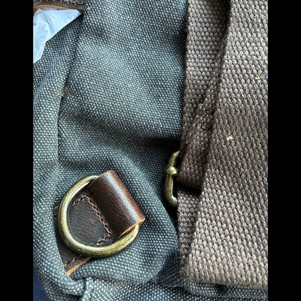 VIVACE CROSS BODY BAG: VINTAGE CHARCOAL BLACK Canvas with Detailed Leather Trim BOTTOM SHOULDER STRAP ATTACHMENT