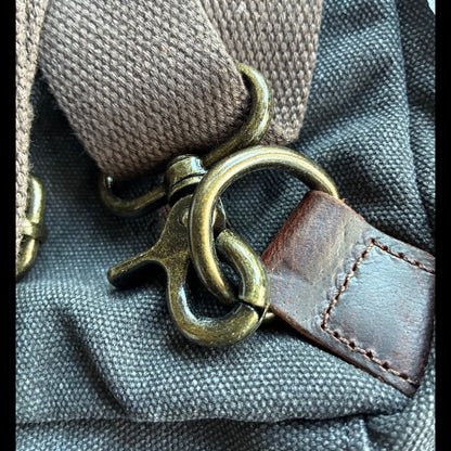 VIVACE CROSS BODY BAG: VINTAGE CHARCOAL BLACK Canvas with Detailed Leather Trim BOTTOM SHOULDER STRAP ATTACHMENT CLASP