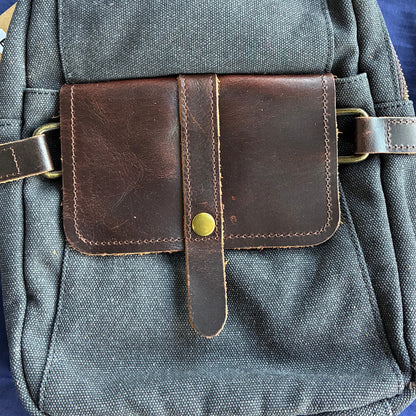 VIVACE CROSS BODY BAG: VINTAGE CHARCOAL BLACK Canvas with Detailed Leather Trim FRONT POCET FLAP DETAIL