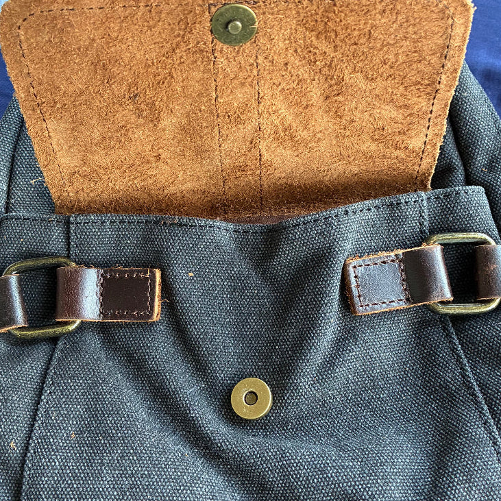 VIVACE CROSS BODY BAG: VINTAGE CHARCOAL BLACK Canvas with Detailed Leather Trim FRONT POCET FLAP INSIDE