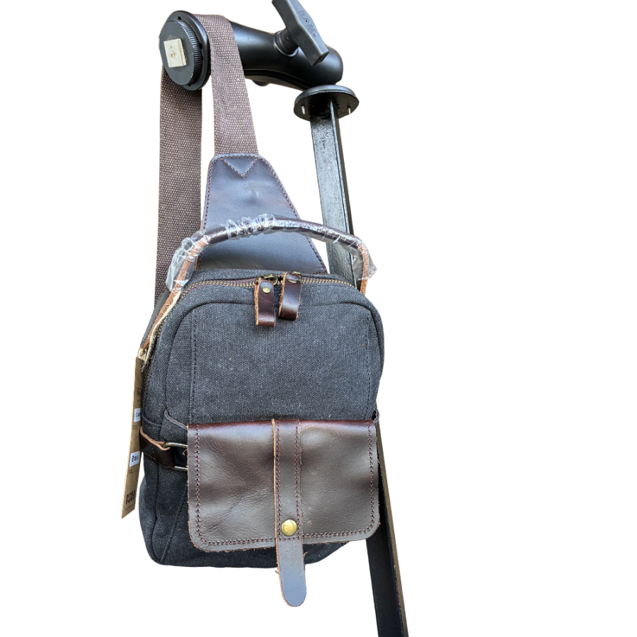 VIVACE CROSS BODY BAG: VINTAGE CHARCOAL BLACK Canvas with Detailed Leather Trim HANGING