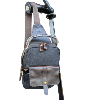 VIVACE CROSS BODY BAG: VINTAGE CHARCOAL BLACK Canvas with Detailed Leather Trim HANGING