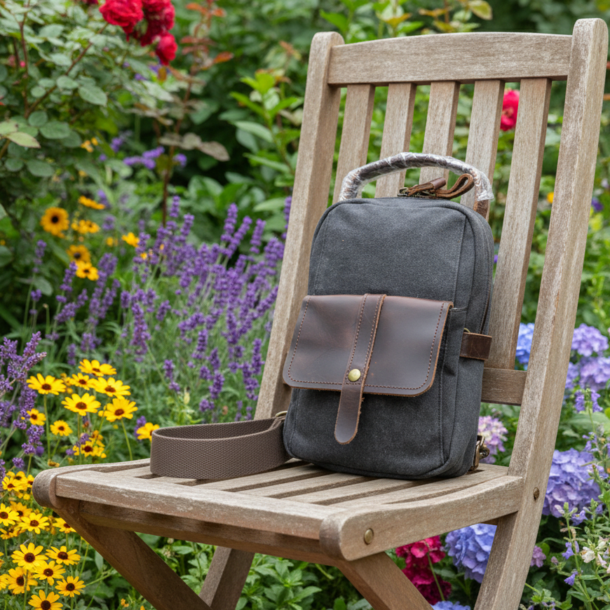 VIVACE CROSS BODY BAG: VINTAGE CHARCOAL BLACK Canvas with Detailed Leather Trim LIFESTYE