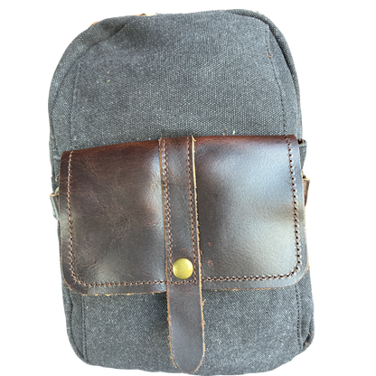 VIVACE CROSS BODY BAG: VINTAGE CHARCOAL BLACK Canvas with Detailed Leather Trim NEAR SHOULDER STRAP FRONT DETAIL