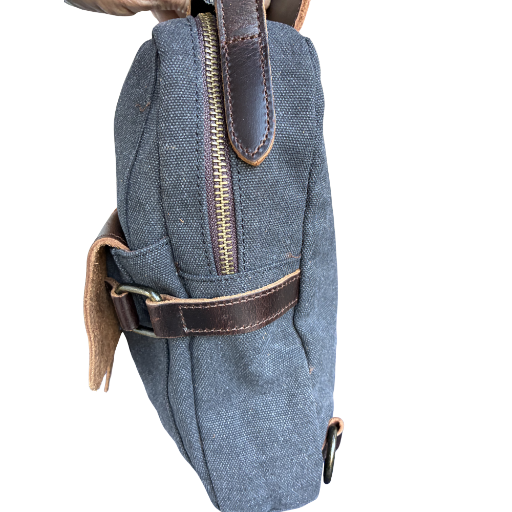 VIVACE CROSS BODY BAG: VINTAGE CHARCOAL BLACK Canvas with Detailed Leather Trim NEAR SIDE VIEW