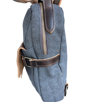 VIVACE CROSS BODY BAG: VINTAGE CHARCOAL BLACK Canvas with Detailed Leather Trim NEAR SIDE VIEW