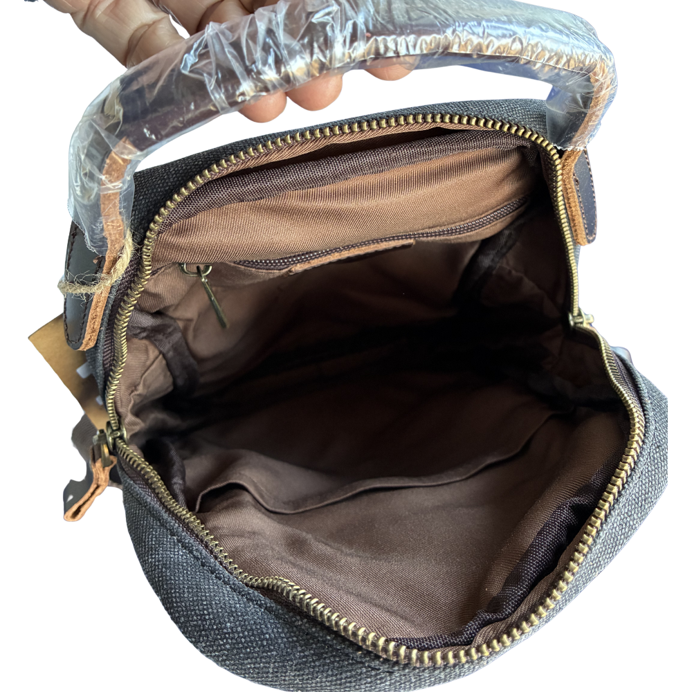 VIVACE CROSS BODY BAG: VINTAGE CHARCOAL BLACK Canvas with Detailed Leather Trim OPEN