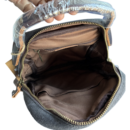 VIVACE CROSS BODY BAG: VINTAGE CHARCOAL BLACK Canvas with Detailed Leather Trim OPEN
