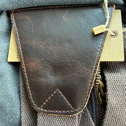 VIVACE CROSS BODY BAG: VINTAGE CHARCOAL BLACK Canvas with Detailed Leather Trim SHOULDER STRAP ATTACHMENT TOP