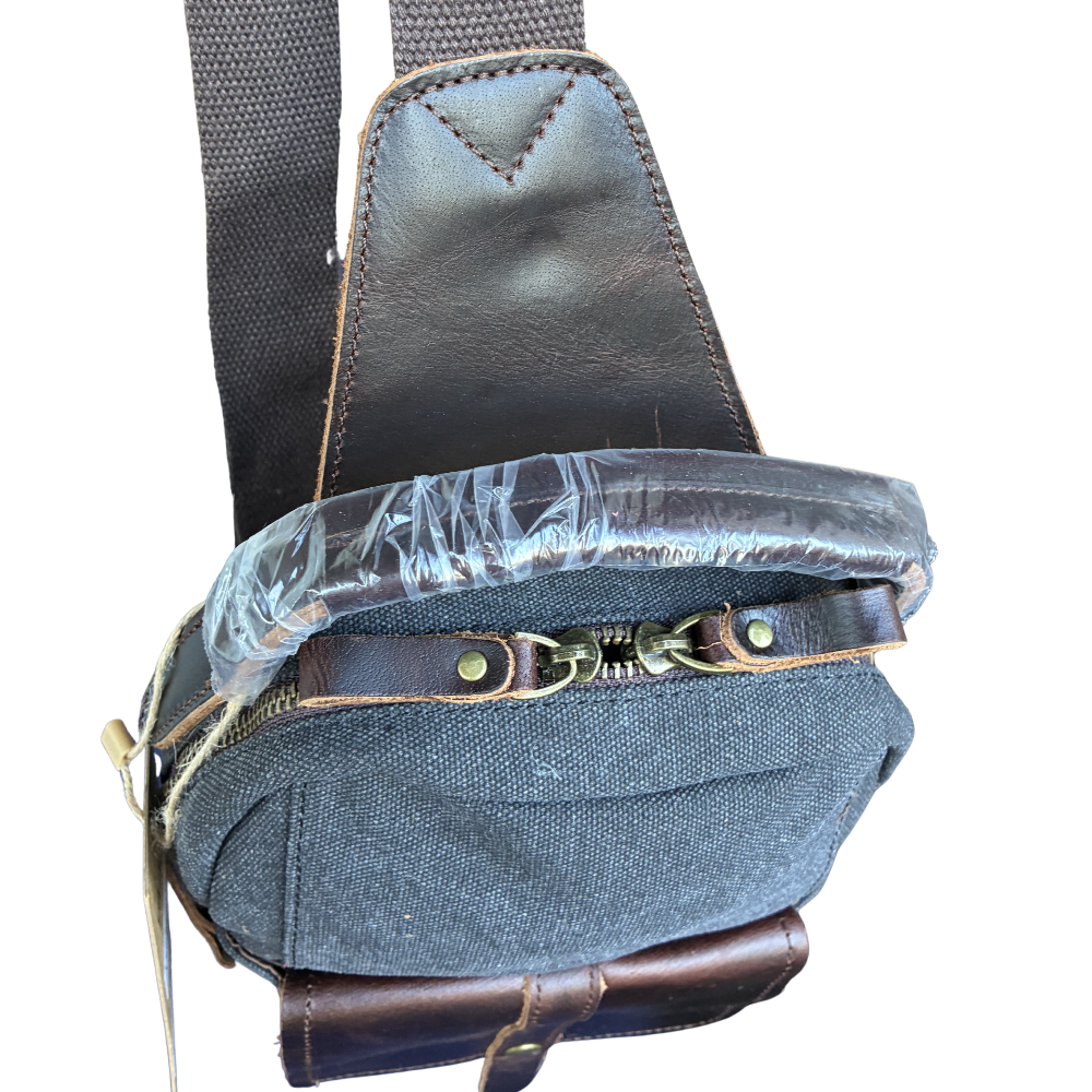 VIVACE CROSS BODY BAG: VINTAGE CHARCOAL BLACK Canvas with Detailed Leather Trim TOP SHOULDER STRAP ATTACHMENT