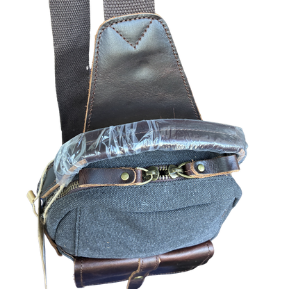 VIVACE CROSS BODY BAG: VINTAGE CHARCOAL BLACK Canvas with Detailed Leather Trim TOP SHOULDER STRAP ATTACHMENT
