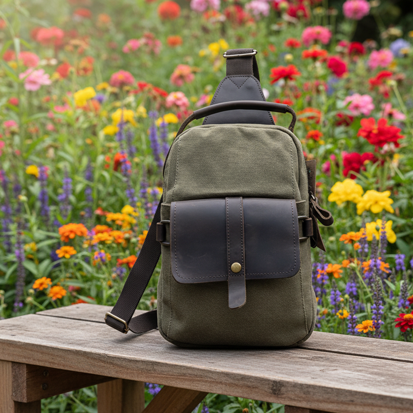 VIVACE CROSS BODY BAG: VINTAGE GREEN Canvas with Detailed Genuine Leather Trim lifestyle