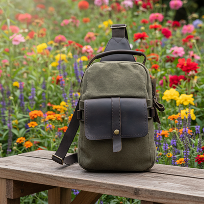 VIVACE CROSS BODY BAG: VINTAGE GREEN Canvas with Detailed Genuine Leather Trim lifestyle