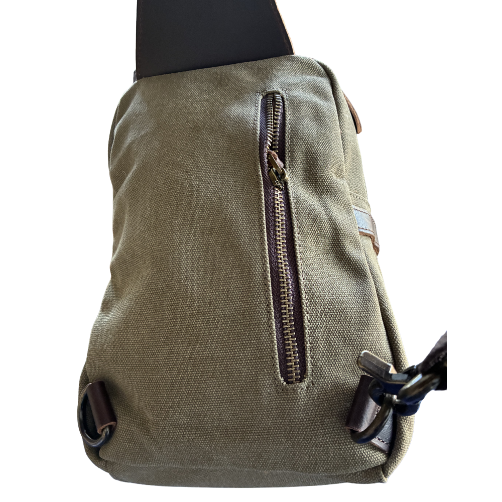VIVACE CROSS BODY BAG: VINTAGE GREEN Canvas with Detailed Leather Trim BACK VIEW