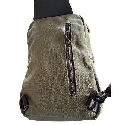 VIVACE CROSS BODY BAG: VINTAGE GREEN Canvas with Detailed Leather Trim BACK VIEW