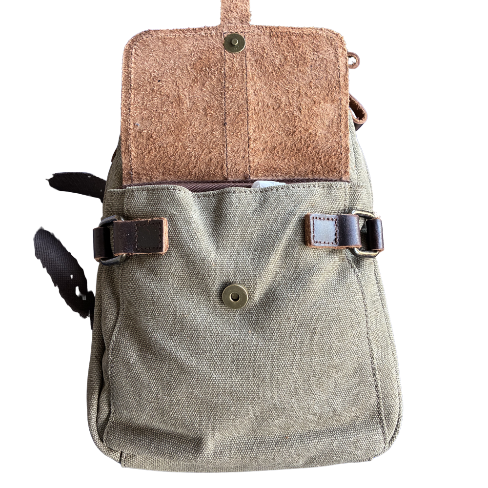 VIVACE CROSS BODY BAG: VINTAGE GREEN Canvas with Detailed Leather Trim FRONT FLAP OPEN VIEW