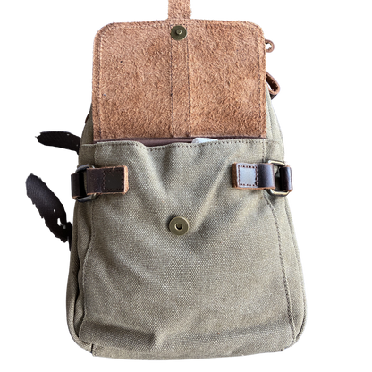 VIVACE CROSS BODY BAG: VINTAGE GREEN Canvas with Detailed Leather Trim FRONT FLAP OPEN VIEW