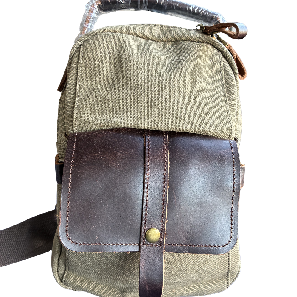 VIVACE CROSS BODY BAG: VINTAGE GREEN Canvas with Detailed Leather Trim FRONT POCKET VIEW