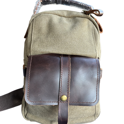 VIVACE CROSS BODY BAG: VINTAGE GREEN Canvas with Detailed Leather Trim FRONT POCKET VIEW