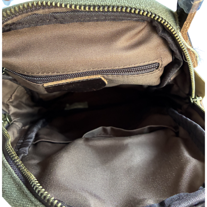 VIVACE CROSS BODY BAG: VINTAGE GREEN Canvas with Detailed Leather Trim INNER VIEW
