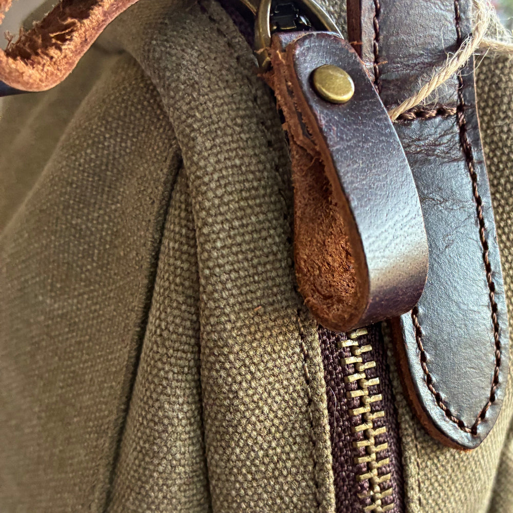 VIVACE CROSS BODY BAG: VINTAGE GREEN Canvas with Detailed Leather Trim LEATHER DETAIL