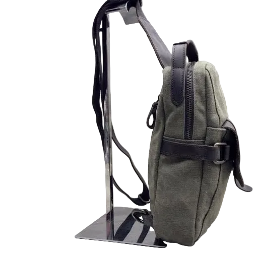 VIVACE CROSS BODY BAG: VINTAGE GREEN Canvas with Detailed Leather Trim MAIN ON STAND