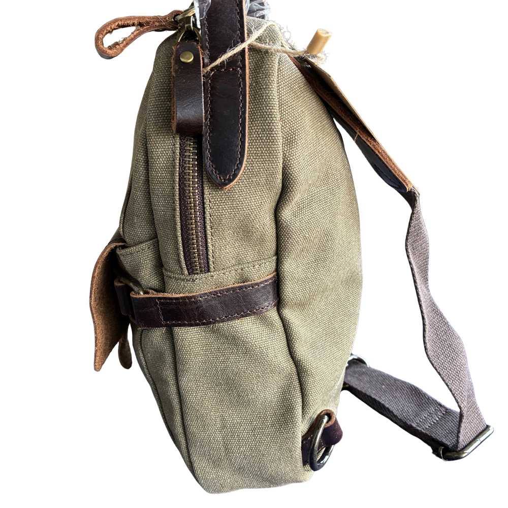 VIVACE CROSS BODY BAG: VINTAGE GREEN Canvas with Detailed Leather Trim SIDE LEATHER VIEW