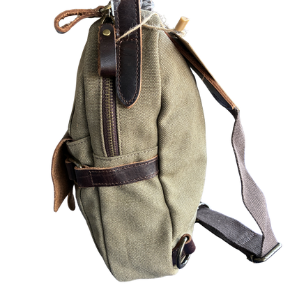 VIVACE CROSS BODY BAG: VINTAGE GREEN Canvas with Detailed Leather Trim SIDE LEATHER VIEW