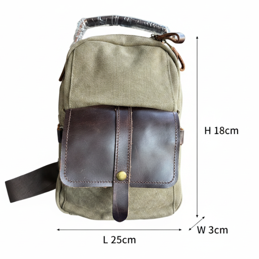 VIVACE CROSS BODY BAG: VINTAGE GREEN Canvas with Detailed Leather Trim SIZE