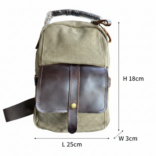 VIVACE CROSS BODY BAG: VINTAGE GREEN Canvas with Detailed Leather Trim SIZE