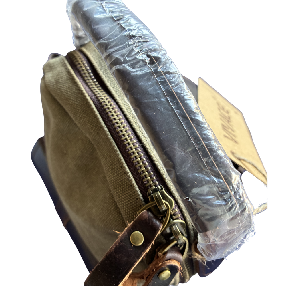 VIVACE CROSS BODY BAG: VINTAGE GREEN Canvas with Detailed Leather Trim TOP VIEW