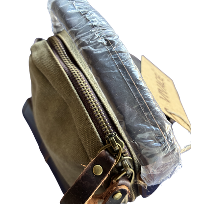 VIVACE CROSS BODY BAG: VINTAGE GREEN Canvas with Detailed Leather Trim TOP VIEW