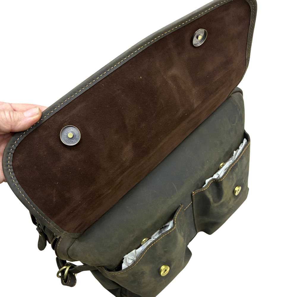 VIVACE LAPTOP BAG: DARK COFFEE BROWN Genuine Leather Messenger Bag front flap open