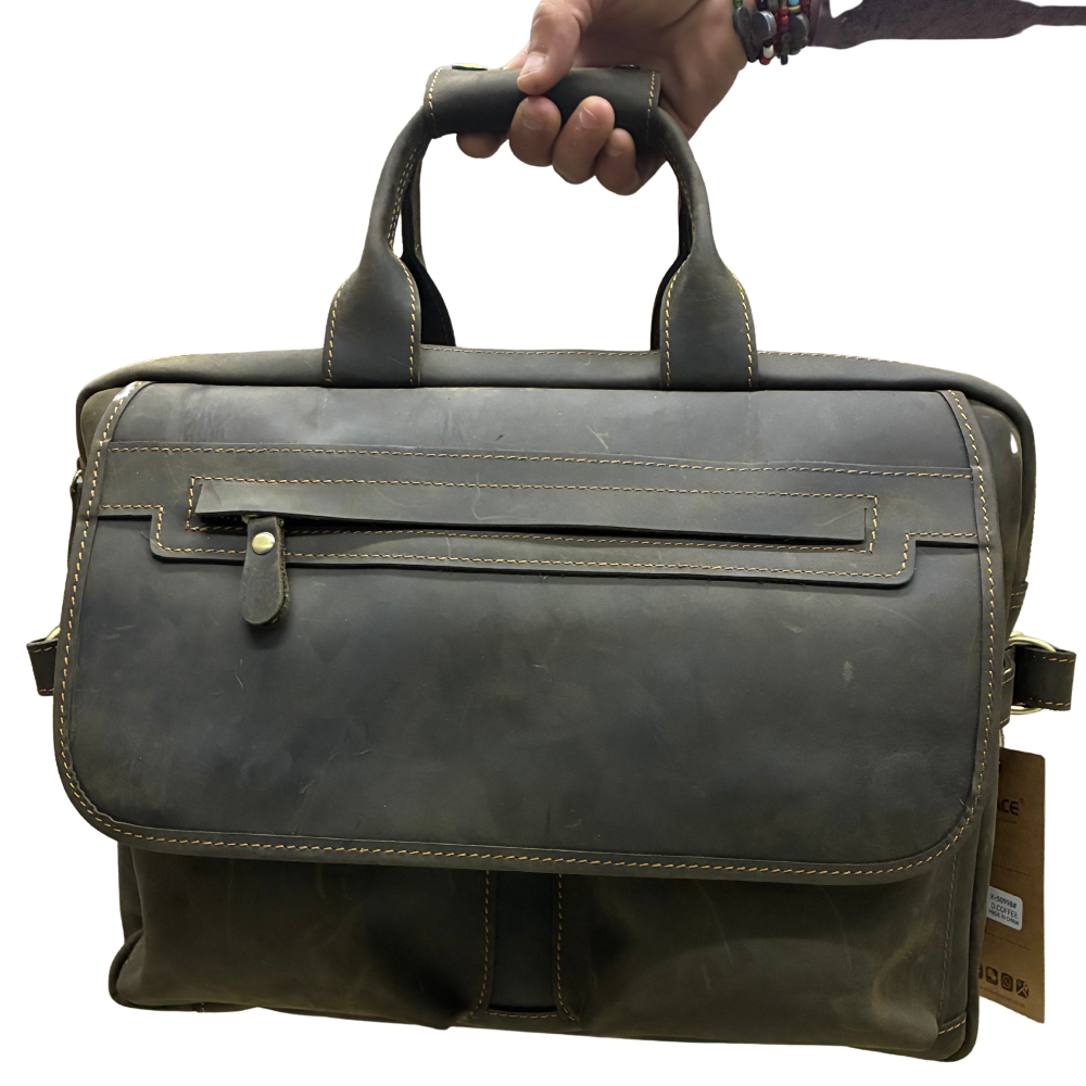 VIVACE LAPTOP BAG: DARK COFFEE BROWN Genuine Leather Messenger Bag front in hand view