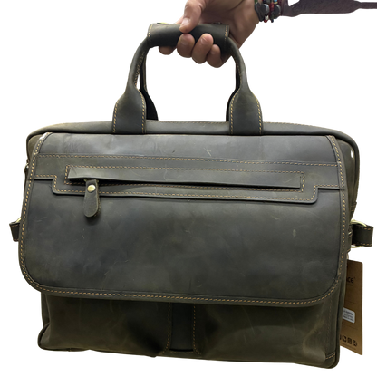 VIVACE LAPTOP BAG: DARK COFFEE BROWN Genuine Leather Messenger Bag front in hand view