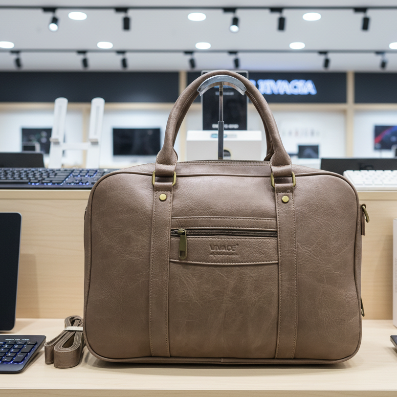 VIVACE LAPTOP BAG: KHAKI BROWN PU Leather Branded Laptop Bag LIFESTYLE