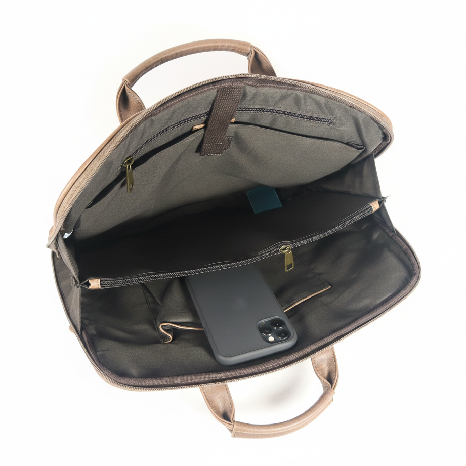 VIVACE LAPTOP BAG: KHAKI BROWN PU Leather Laptop Bag OPEN
