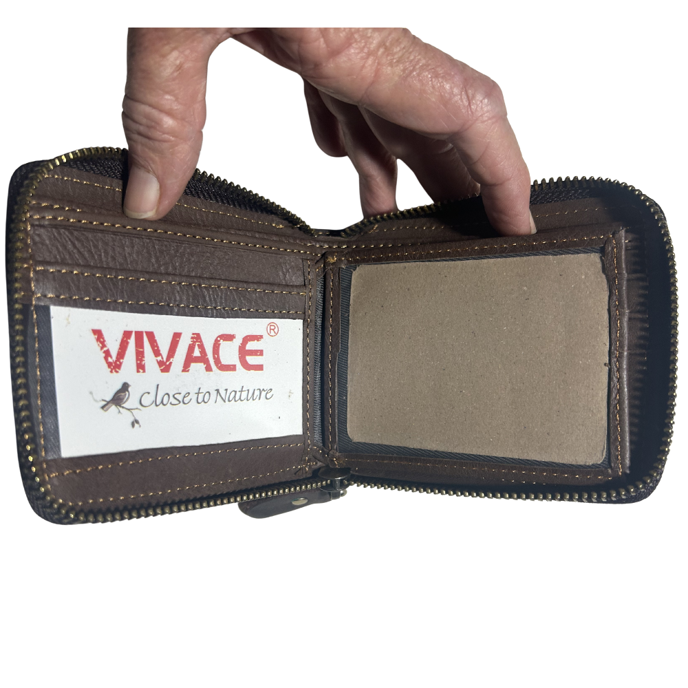 VIVACE MEN'S Wallet: DARK COFFEE BROWN Genuine Leather Wallet with ZIP BACK OPEN