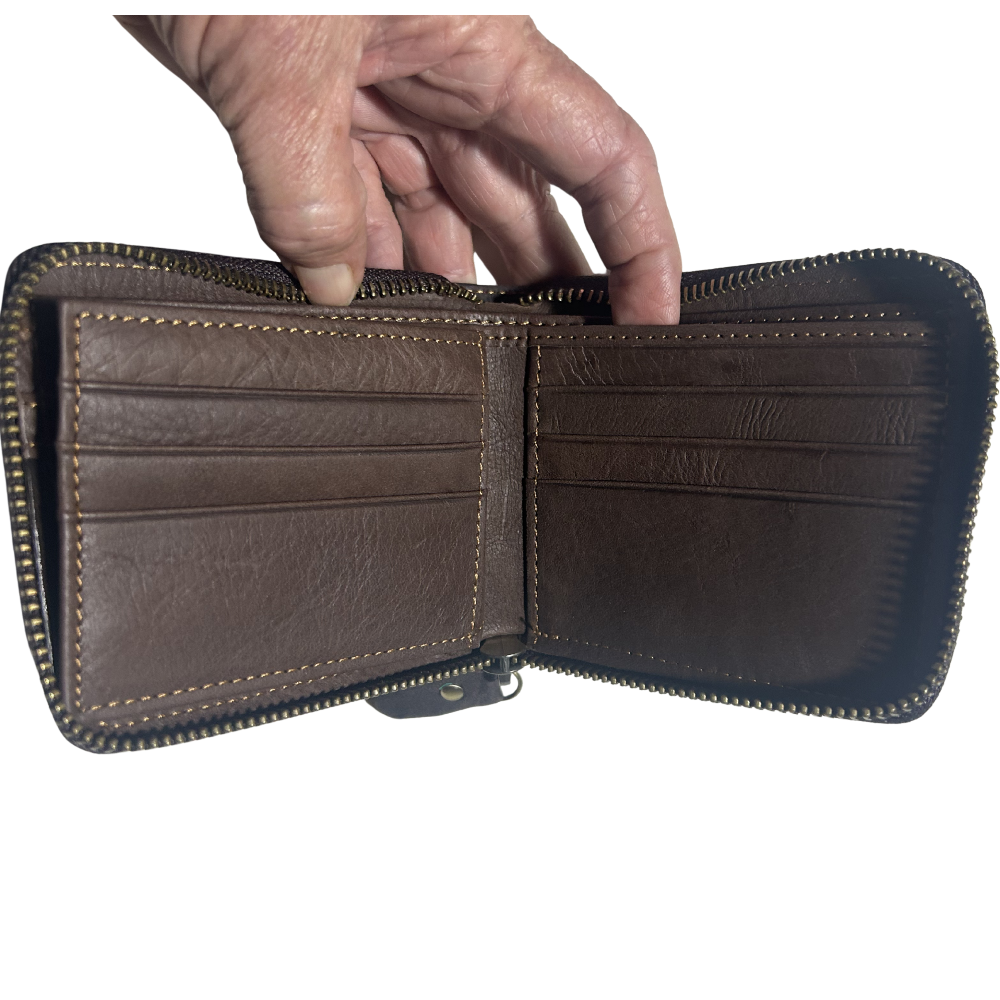VIVACE MEN'S Wallet: DARK COFFEE BROWN Genuine Leather Wallet with ZIP CARD POCKETS
