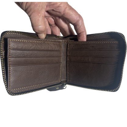 VIVACE MEN'S Wallet: DARK COFFEE BROWN Genuine Leather Wallet with ZIP CARD POCKETS
