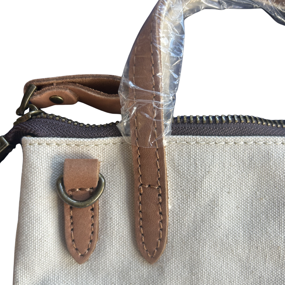 VIVACE MINI SLING BAG: WHITE CANVAS with Genuine LEATHER Trim ADJUSTABLE STRAP ADJUSTMENT RING