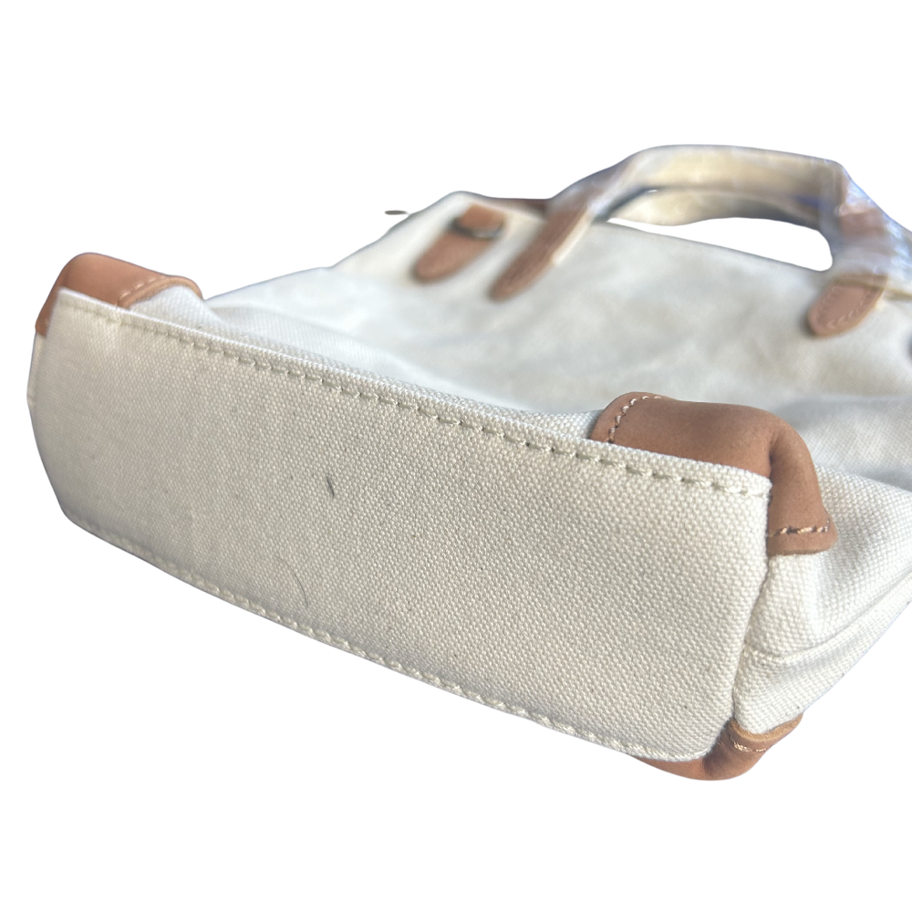 VIVACE MINI SLING BAG: WHITE CANVAS with Genuine LEATHER Trim BOTTOM